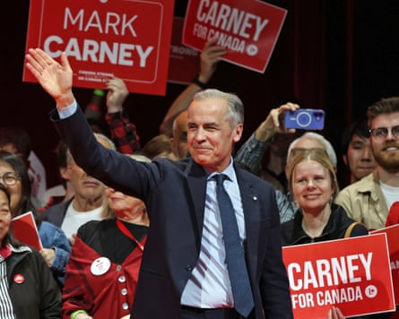 Carney waving to supporters at a victory party in Ottawa, after he won Canada’s election on 28 April 2025.