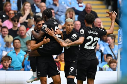 João Palhinha is congratulated after making it 2-0 to Spurs just before half-time