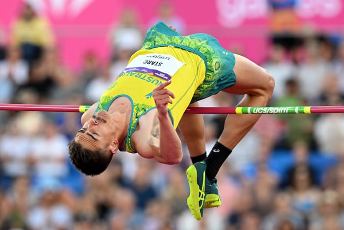 Brandon Starc of Australia clears the bar in the men’s high jump final.