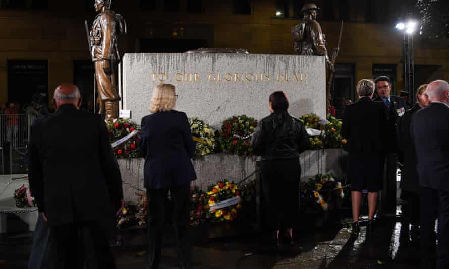 Wreaths are placed on the Cenotaph during the Anzac Day Dawn Service at Martin Place in Sydney, Monday, April 25, 2022. (AAP Image/Bianca De Marchi)