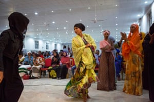 Local and diaspora women take part in a demonstration of Sitaad, a form of female devotional dance and song at the Hargeisa International Book Fair