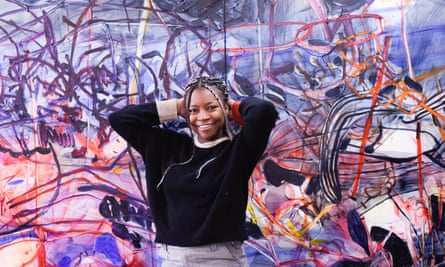Jadé Fadojutimi with an unfinished work in her London studio