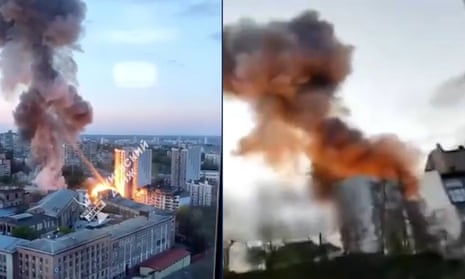 Two cruise missiles hit a building in western Kyiv, as the UN secretary general visited the Ukrainian capital
