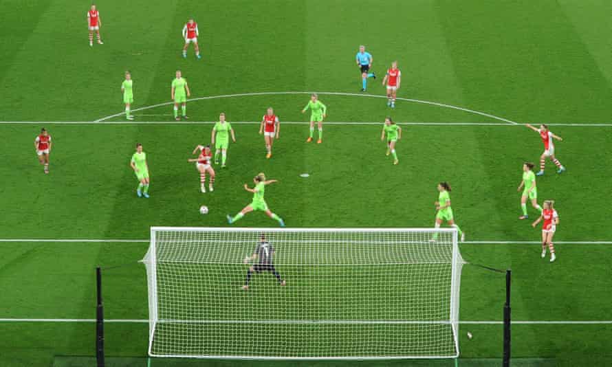 Lotte Wubben-Moy scores for Arsenal against Wolfsburg in the Champions League last month