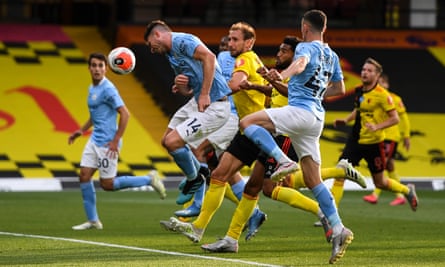 Aymeric Laporte heads in to bring up Manchester City’s fourth and final goal against Watford.