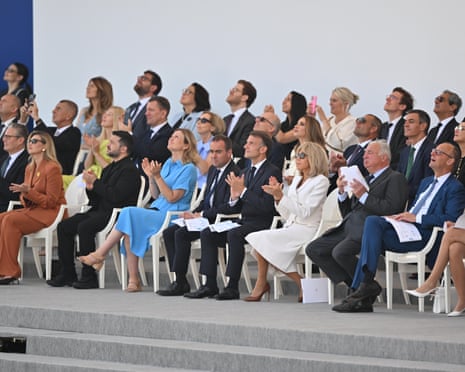 French president Emmanuel Macron, his wife, Brigitte Macron, German chancellor Friedrich Merz, Ukrainian president Volodymyr Zelenskyy and other leaders attend the annual Bastille Day military parade on the Place de la Concorde in Paris, France.