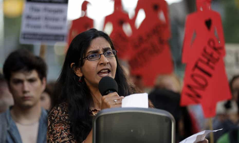 Kshama Sawant speaks during a protest against family separation at the border and other immigration-related issues, 1 August 2019, outside Ice headquarters in Seattle. 