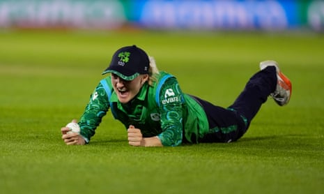 Ireland's Gaby Lewis catches out England's Amy Jones.