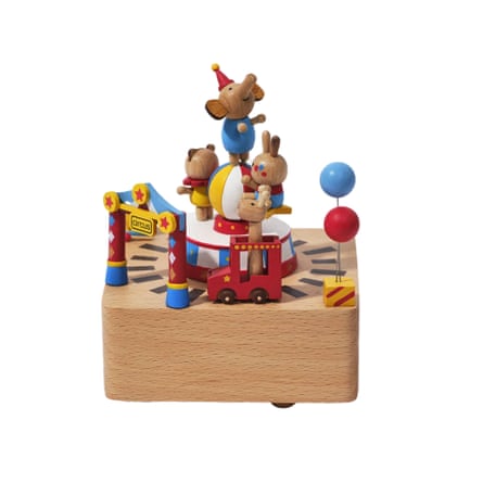 Wooden music box with wooden mice performing in a circus
