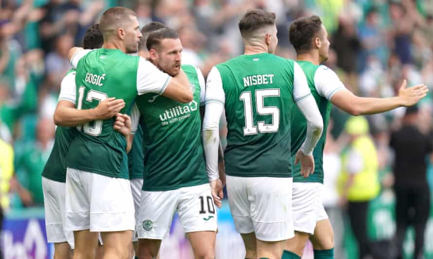 Hibernian celebrating a Europa Conference League goal against Santa Coloma