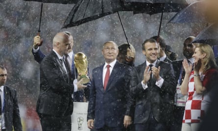 ‘The last World Cup was held with much less scrutiny.’ Fifa president Gianni Infantino, Vladimir Putin, Emmanuel Macron and Croatian president Kolinda Grabar-Kitarovic after the 2018 final in Moscow.