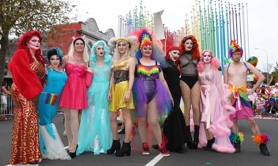 People pose in costume ready for the Auckland pride parade in 2018