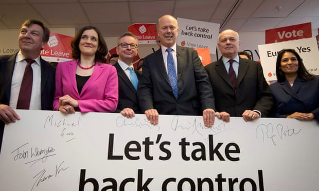 British politicians John Whittingdale, Theresa Villiers, Michael Gove, Chris Grayling, Iain Duncan Smith and Priti Patel pose for a photograph at the launch of the Vote Leave campaign, at the group’s headquarters in central London.
