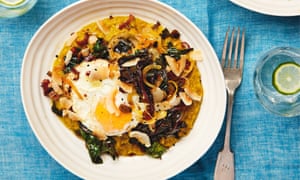 Thomasina Miers' curried dal with fried egg and spiced chard butter.