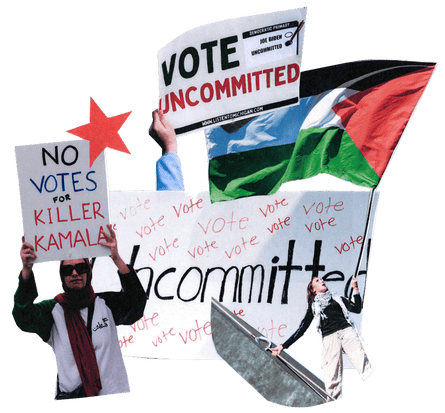 Composite illustration showing banners saying ‘No votes for killer Kamala’ and ‘Vote uncommitted’.