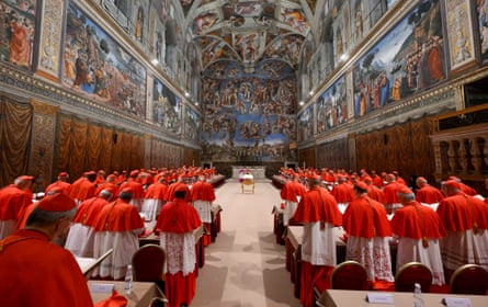 Cardinals in a beautifully decorated Renaissance hall or church