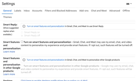 The Gmail settings menu. This includes Smart Features and personalization, which can be turned off.