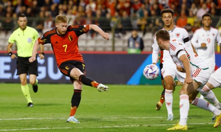 Belgium’s Kevin De Bruyne shoots at goal against Wales in a UEFA Nations League game, September 22 2022