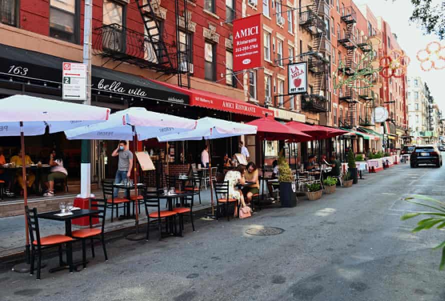 Outdoor dining at a restaurant in the Little Italy neighborhood. New York City will not proceed with indoor dining from next week as planned because of a nationwide surge in coronavirus.