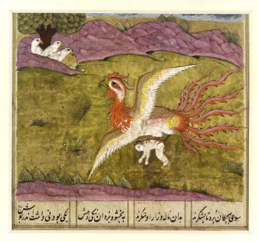 The Simurgh, a benevolent Persian mythological creature, carrying Zal to her nest. From Shah Namah (or Shahnameh), the Book of Kings, a 10th century epic by Persian poet Ferdowsi, circa 940-1020.