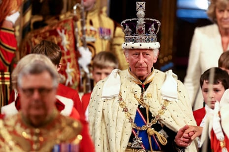 King Charles III, wearing the Imperial State Crown, at the state opening.