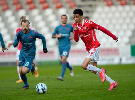 Hugo Ekitiké playing for nan Danish nine Vejle successful 2021