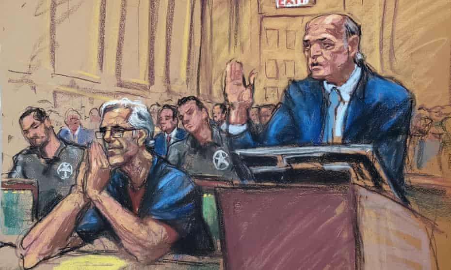 Jeffrey Epstein, left, looks on during a bail hearing, in a 15 July court sketch.