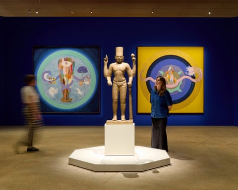 Forms of Vishnu exhibition at the Art Gallery of New South Wales, featuring works by Desmond Lazaro and Cambodian Vishnu statue from the early 800s.