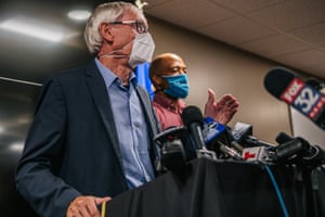 Wisconsin governor Tony Evers (L) and lieutenant governor Mandela Barnes at a news conference in Kenosha last month.