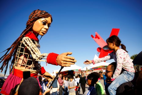Little Amal at the Plaza de la Mexicanidad in Ciudad Juárez, Mexico, on 26 October.