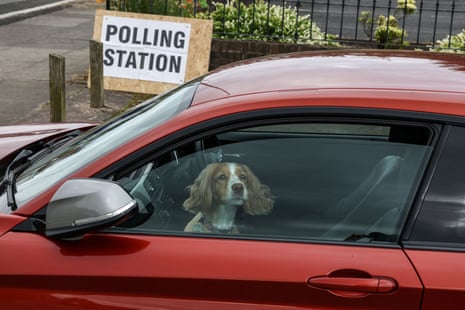A dog waits in the car for its owner as they visit a makeshift polling station at a parish centre to cast their vote in Winstanley, Wigan, part of the parliamentary constituency for the Makerfield by-election, after polls opened at 7am on June 18, 2026.
