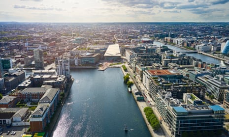 An aerial view of tech companies buildings in Dublin's docklands.
