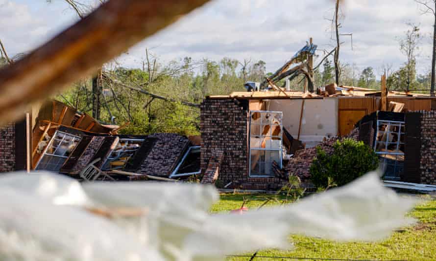 A home sits in ruins after damaga caused by two powerful tornadoes that swept through Soso, Mississippi.
