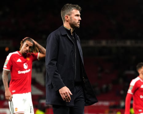 The Manchester United manager, Michael Carrick, shows his disappointment after the Carabao Cup third round defeat by Brighton.