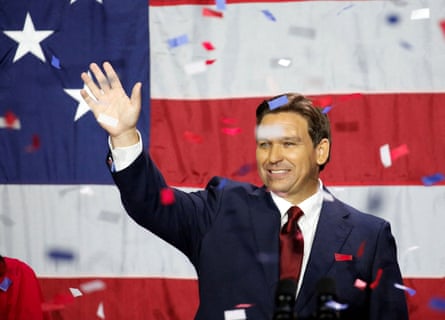 Florida Republican Gov. Ron DeSantis celebrates on stage at a 2022 midterm election night party in Tampa, Fla.
