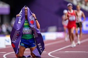 Caio Bonfim of Brazil is jubilant after winning the gold medal in the men’s 20km race walk.