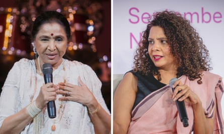 Side-by-side images of an older Indian woman and a middle-aged one, both in saris and holding mics