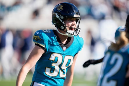 Jaguars place-kicker Cam Little celebrates his 67-yard field goal during the first half of Sunday’s game against the Titans.