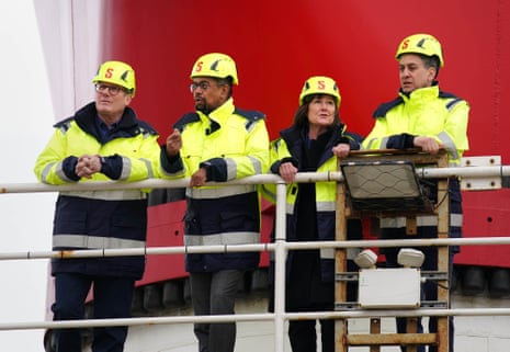 Left to right: Keir Starmer, new Welsh first minister Vaughan Gething, shadow Welsh secretary Jo Stevens and shadow energy secretary Ed Miliband on board the jack-up barge Excalibur during a visit Holyhead, Anglesey, north Wales.