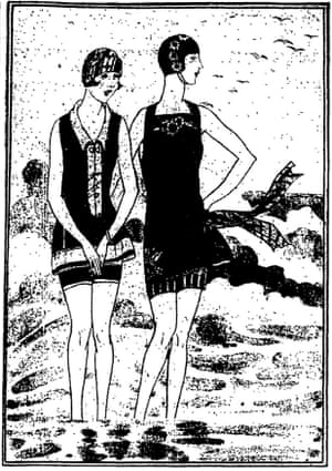 On the left a kasha swimming suit of green and beige and on the right one of black taffeta embroidered in gay colours. Manchester Guardian, 13 July 1925.