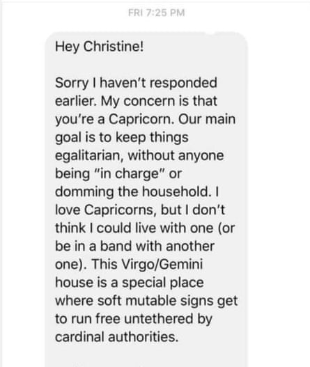 A screenshot of a post sharing the response to a housing inquiry in which the applicant was turned down for their zodiac sign.