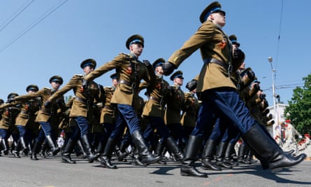 Pro-Russian servicemen on parade in Donetsk in June 2020.