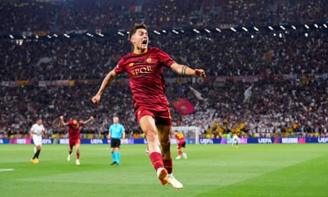 Roma’s Paulo Dybala celebrates after scoring the opening goal against Sevilla in the 2023 Europa League final.