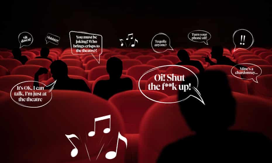 Illustration by Observer Design of a rowdy crowd in theatre seats.