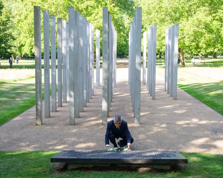 The mayor of London, Sadiq Khan, lays a wreath at the London Bombing Memorial in Hyde Park, London.