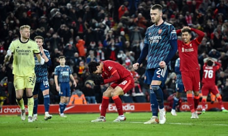 Despair for Liverpool’s Takumi Minamino after a missed late chance against Arsenal