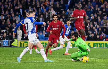 Solly March beat Alisson in Brighton's win over Liverpool earlier this month.