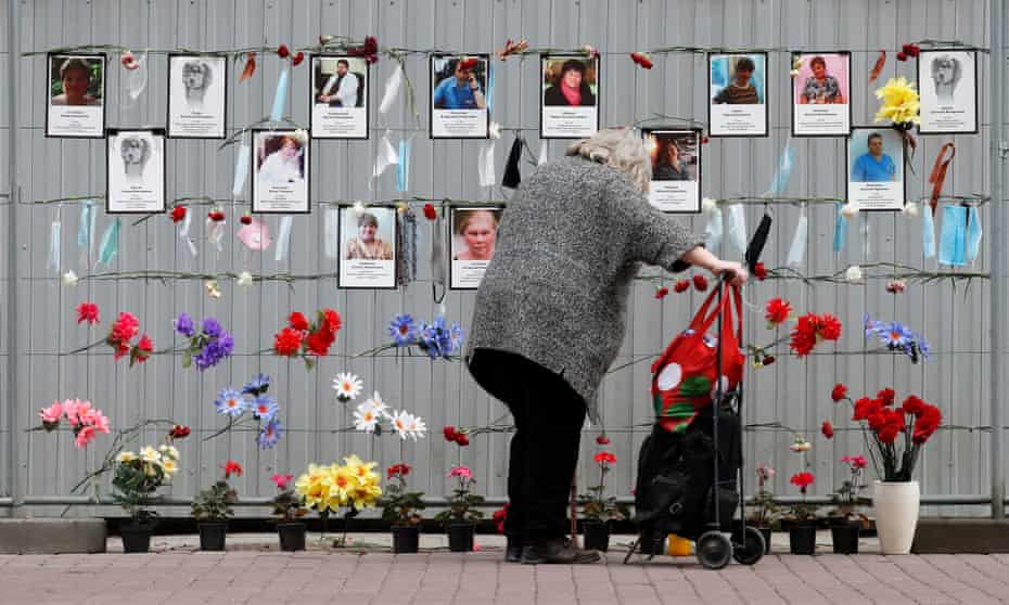A makeshift memorial to medical workers who have died from Covid-19 in central St Petersburg, Russia.