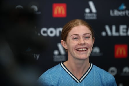Cortnee Vine in her Sydney FC jersey at a media event