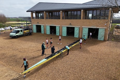 The Cambridge University Boat Club men’s blue boat prepare to derig their boat at their Ely training site before packing it on a trailer to be transported down to London for the Boat Race.